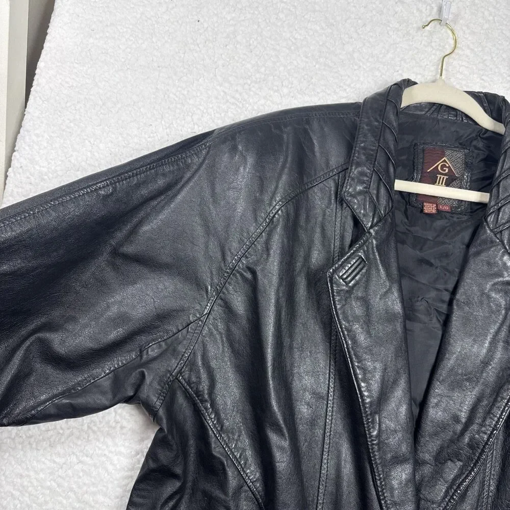 (R1) G III Women's Vintage 80s Black Leather Blazer, Size L, Biker Style